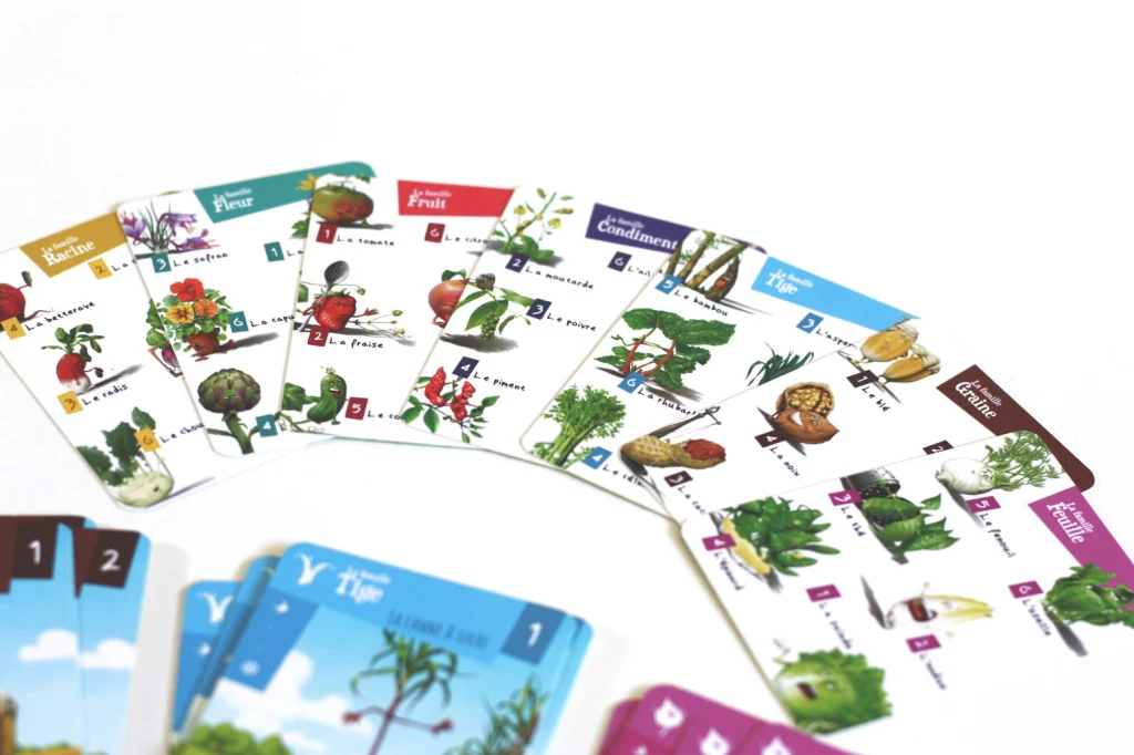 Zoom sur les cartes récapitulative des 7 familles du jeu Les Gumlos : une grande aide pour les enfants.