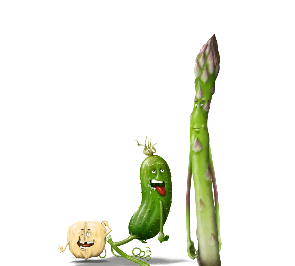Trois légumes illustrés du jeu Les Gumlos, un pour chacun des 3 jeux